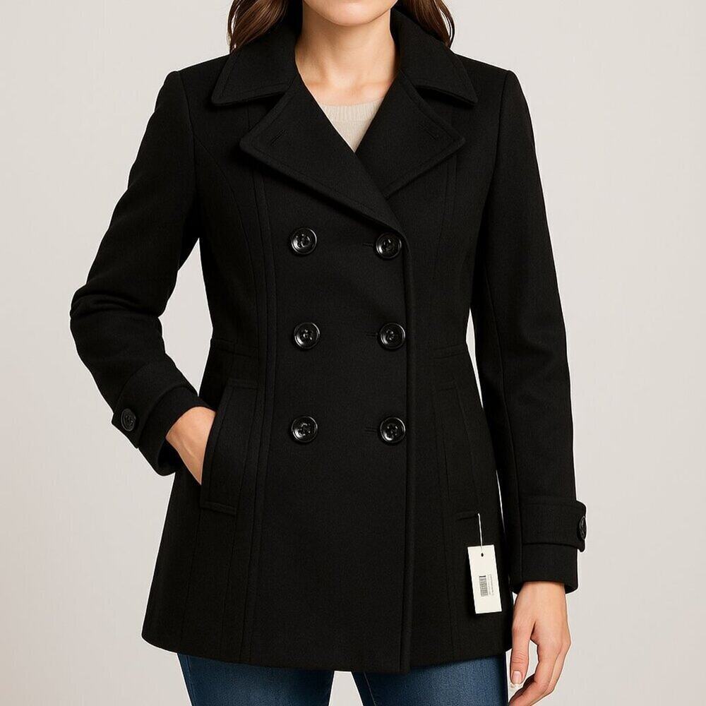 Anne Klein Black Double Breasted Wool Blend Peacoat โ Size Small | NWT